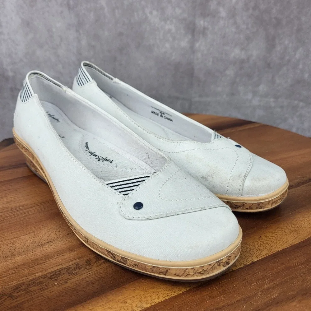 Grasshoppers Wedge Sandals Womens 8.5 White Cork Canvas Slip On Comfort Shoes‎